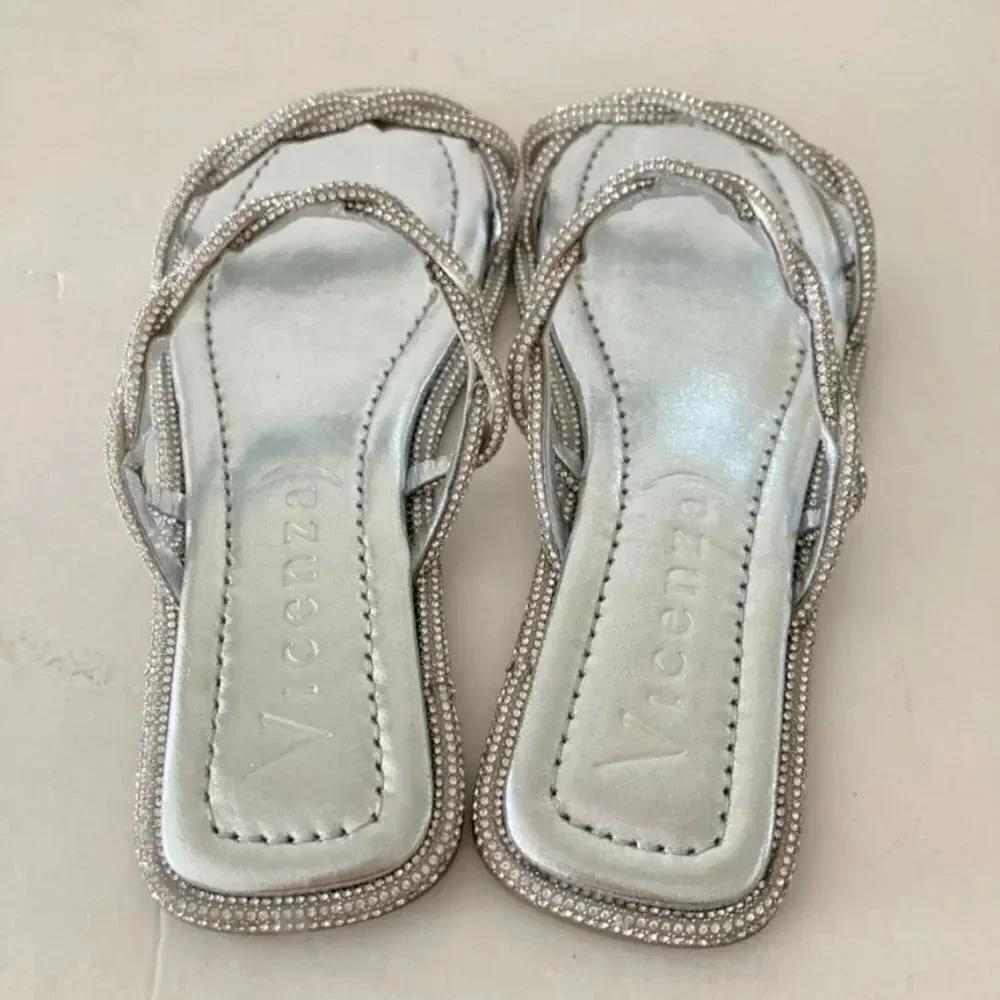 NWOT Vicenza Free People After Party Slip On Silver Gem Twisted Sandals Sz 6